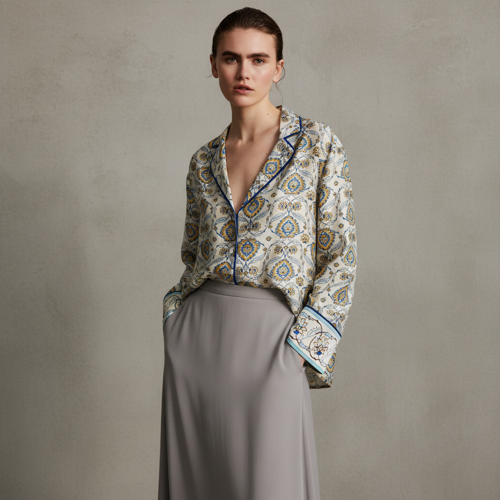 Women's Light beige/patterned Poplin Resort Shirt