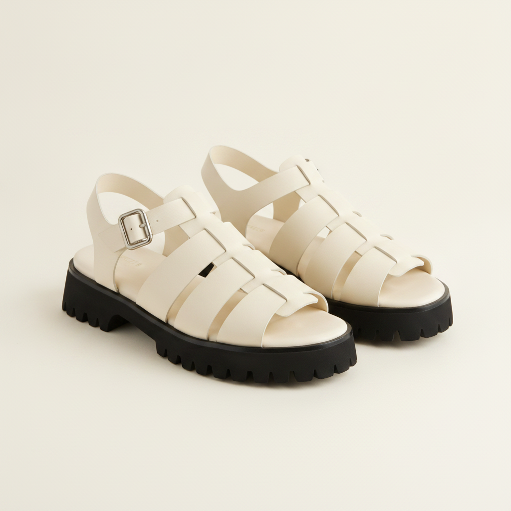 Italian Leather Lug Sole Fisherman Sandal in Bone