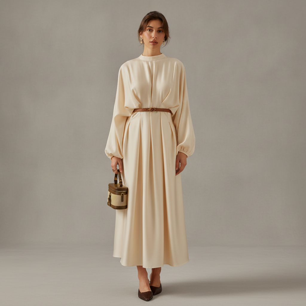 Stand Collar Pleated Cinched Waist Long Sleeve Maxi Dress