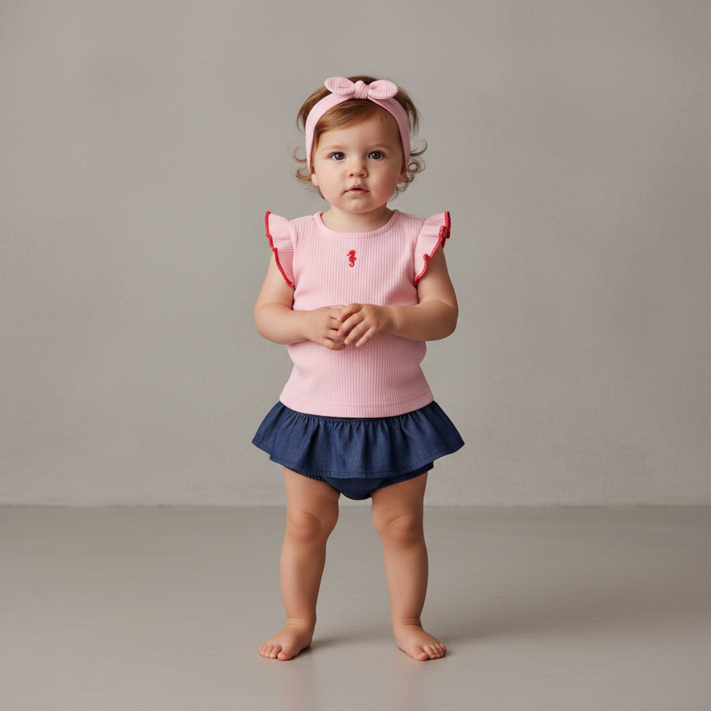 Baby Girl 3-Piece Headband, Top & Chambray Short Set - Pink