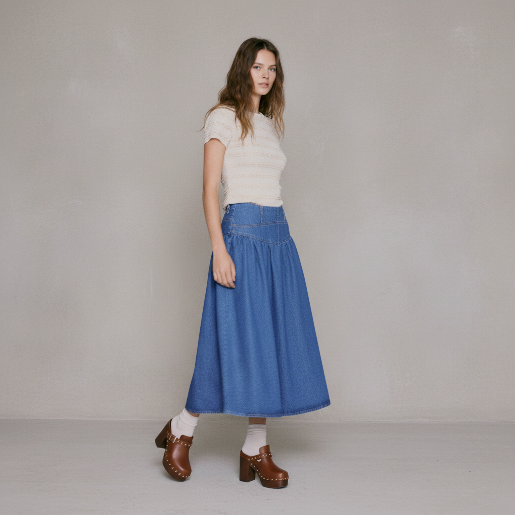 Women's Dark denim blue Gathered Denim Skirt