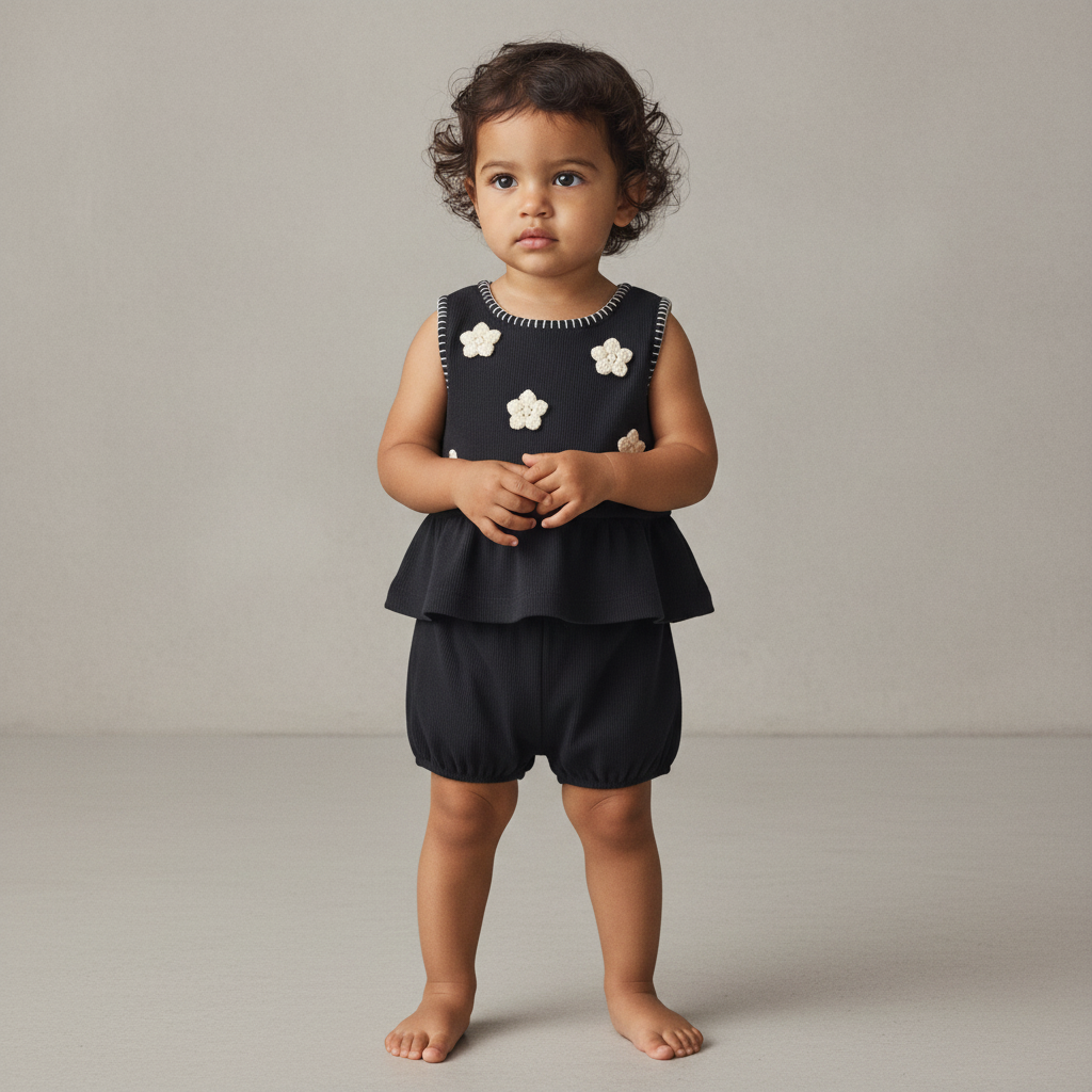 Baby Girl 2-Piece Floral Embroidered Top & Short Set - Black