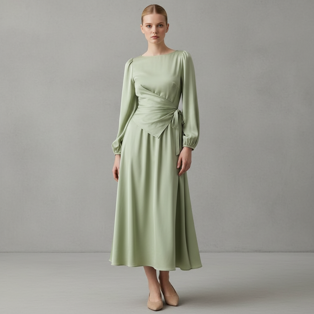 Satin Boat Neck Lantern Sleeve Asymmetrical Maxi Dress