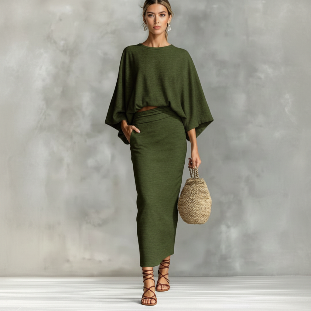 2pcs Women's Elegant Casual Outfit, Round Neck Top And Long Skirt With Pockets And Slit Design Spring