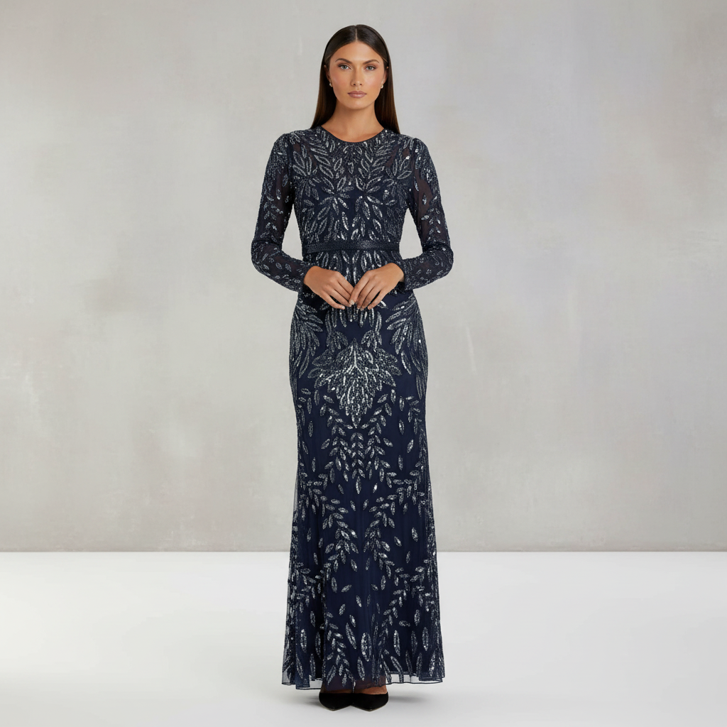 Navy Long Sleeve Illusion Neckline Embellished Gown