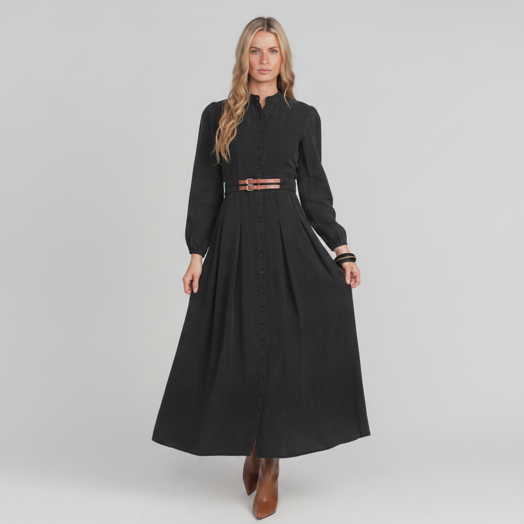 Lunella Porrima Black Long-Sleeve Belted Maxi Shirt Dress