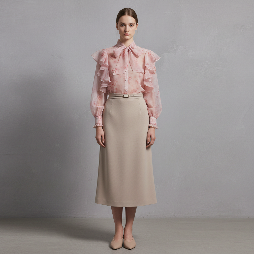 Anewsta Pink Ruffle Sleeve Long French Blouse