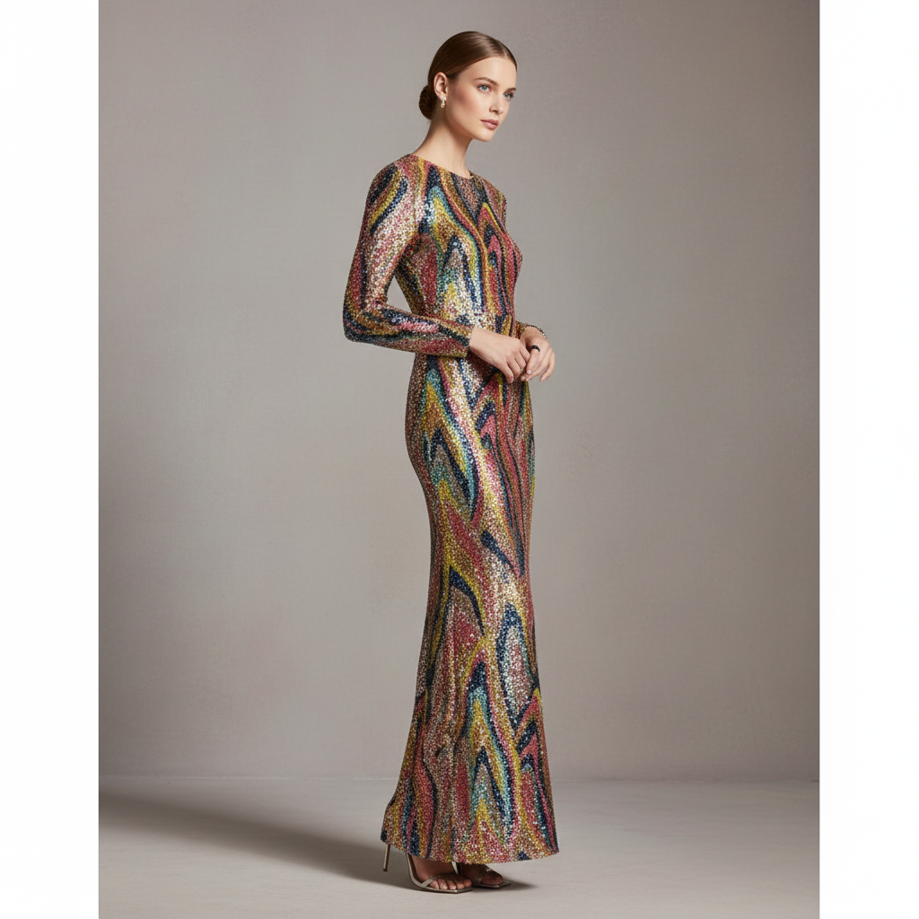 Long Sleeve Sequin Swirl Maxi Dress - Exclusive