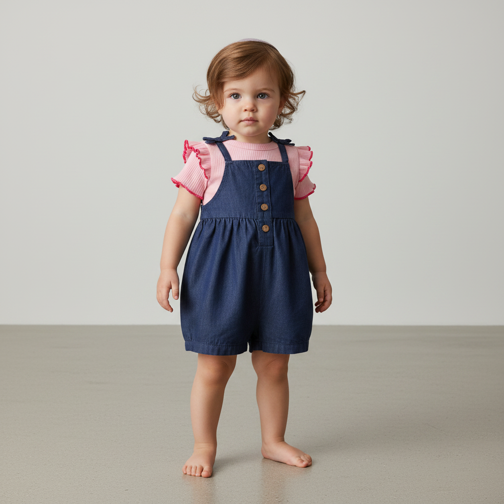 Baby Girl 2-Piece Chambray Romper Set - Pink/Blue