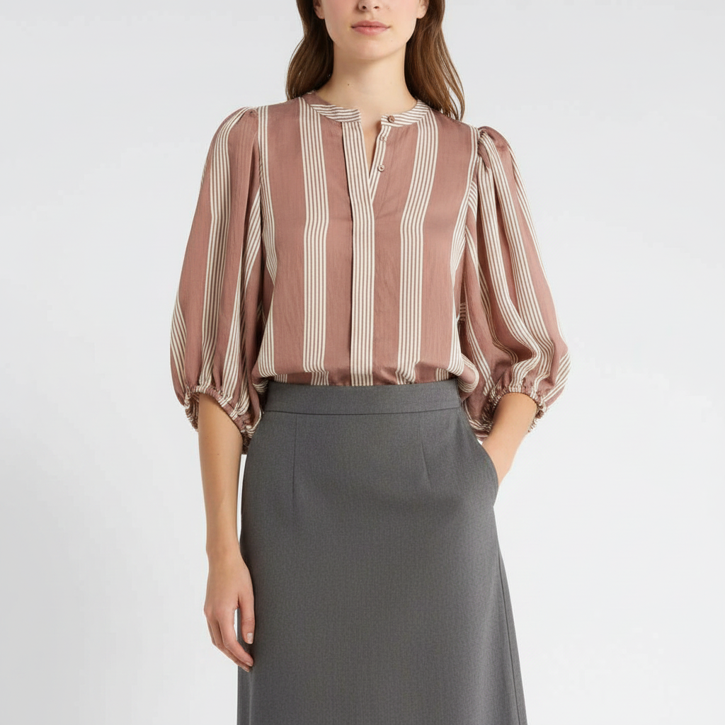 Stripe Balloon Sleeve Button-Up Shirt