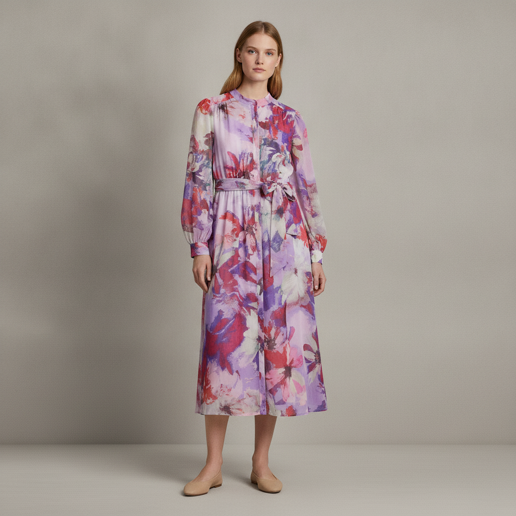 Floral Print Organza Midi Shirt Dress