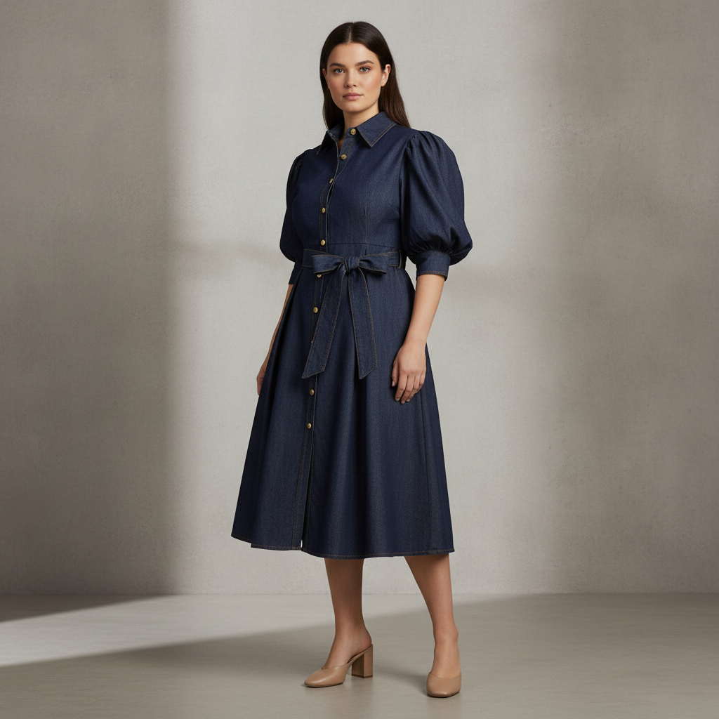Plus Puff Sleeve Belted Denim Midi Dress