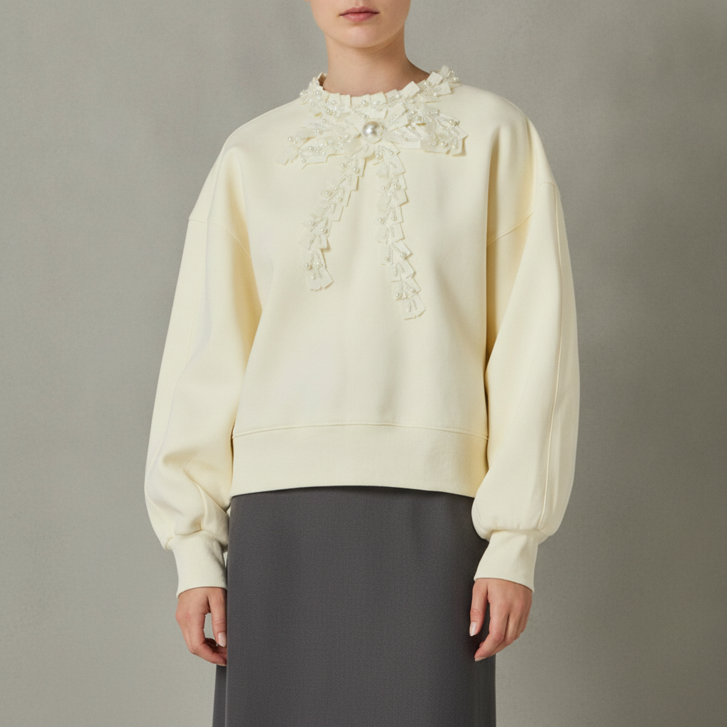 Beaded Ribbon Neck Sweatshirt