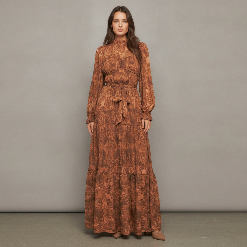 Print Long Sleeve Maxi Dress FLYING TOMATO
