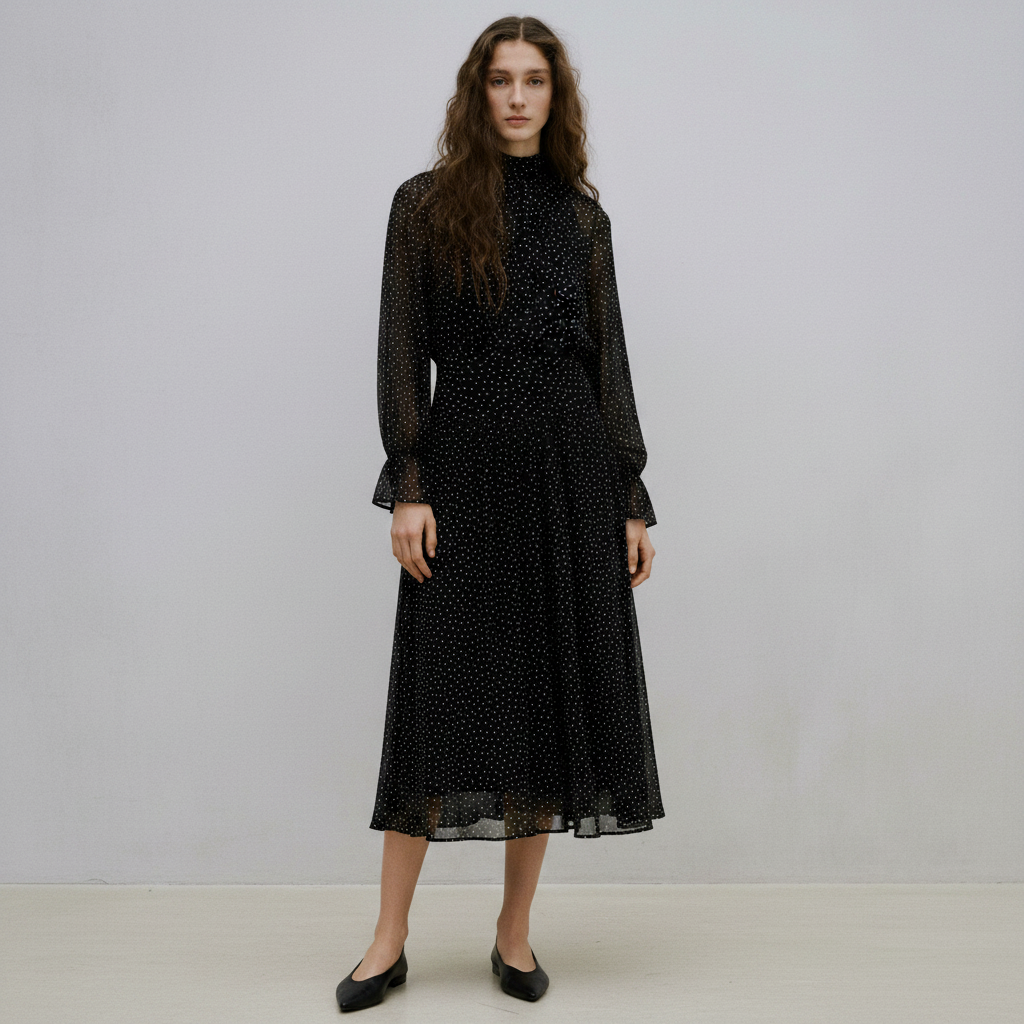 Polka-dot dress with puffed sleeves