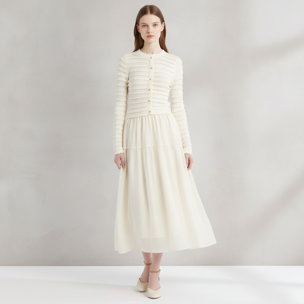 ZOE AND CLAIRE Mixed Media Long Sleeve Scallop Stitch Tiered Midi Dress - Ivory