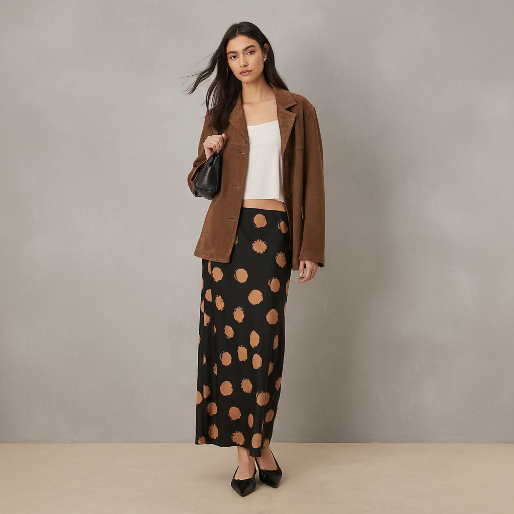 Wednesday's Girl Bias Cut Midaxi Skirt in Brown Polka Dots