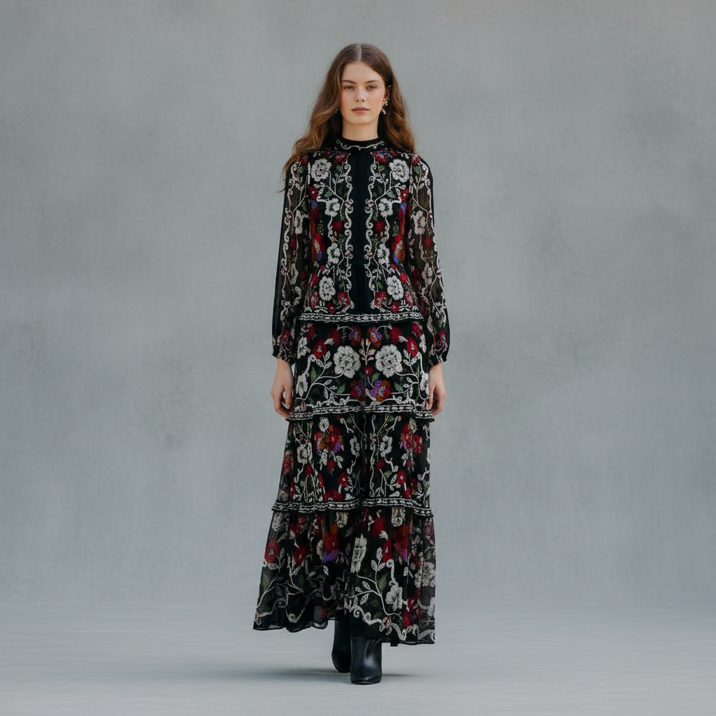 Black Rococo Flowers Ruffled Maxi Dress