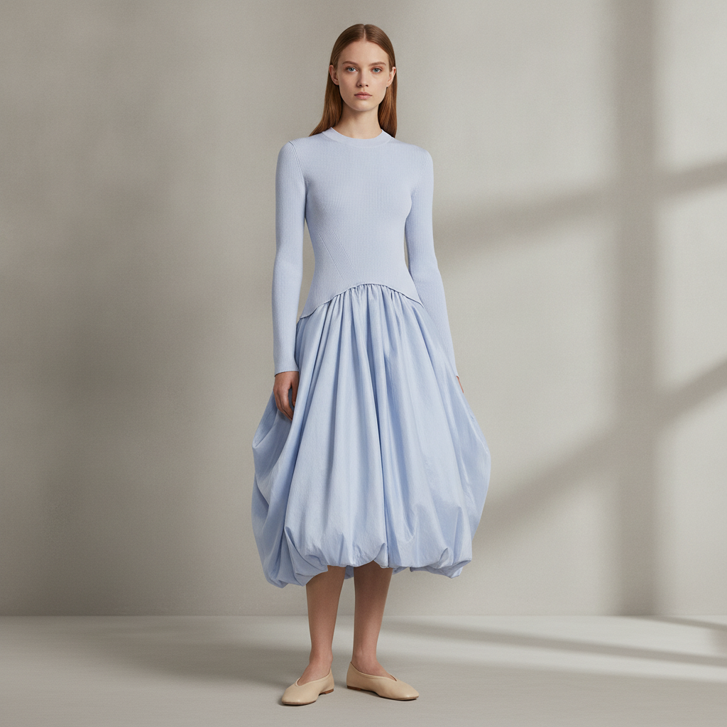 Kenlie Mixed-Media Bubble Skirt Midi-Dress
