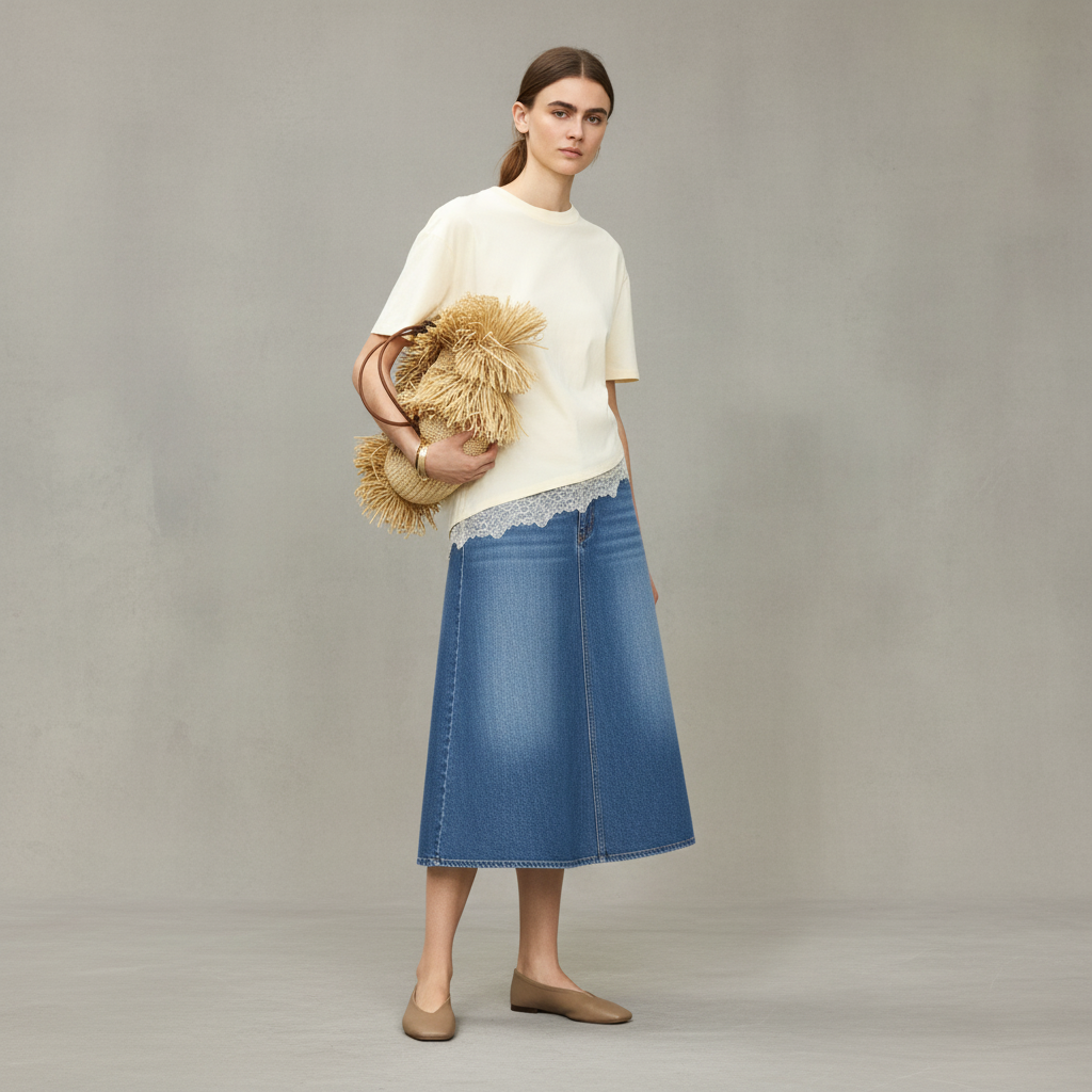 Asymmetric Lace-Trimmed T-Shirt