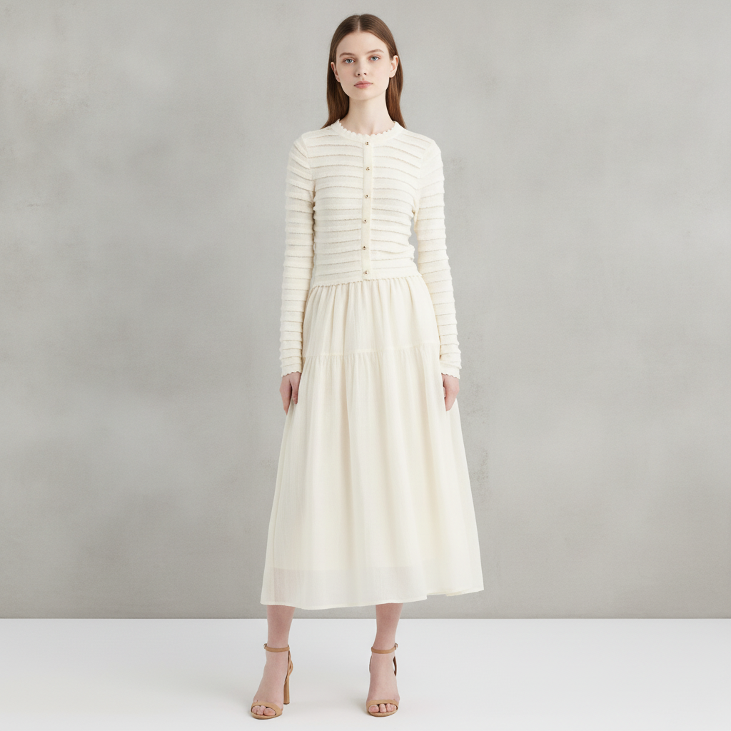 Mixed Media Long Sleeve Scallop Stitch Tiered Midi Dress