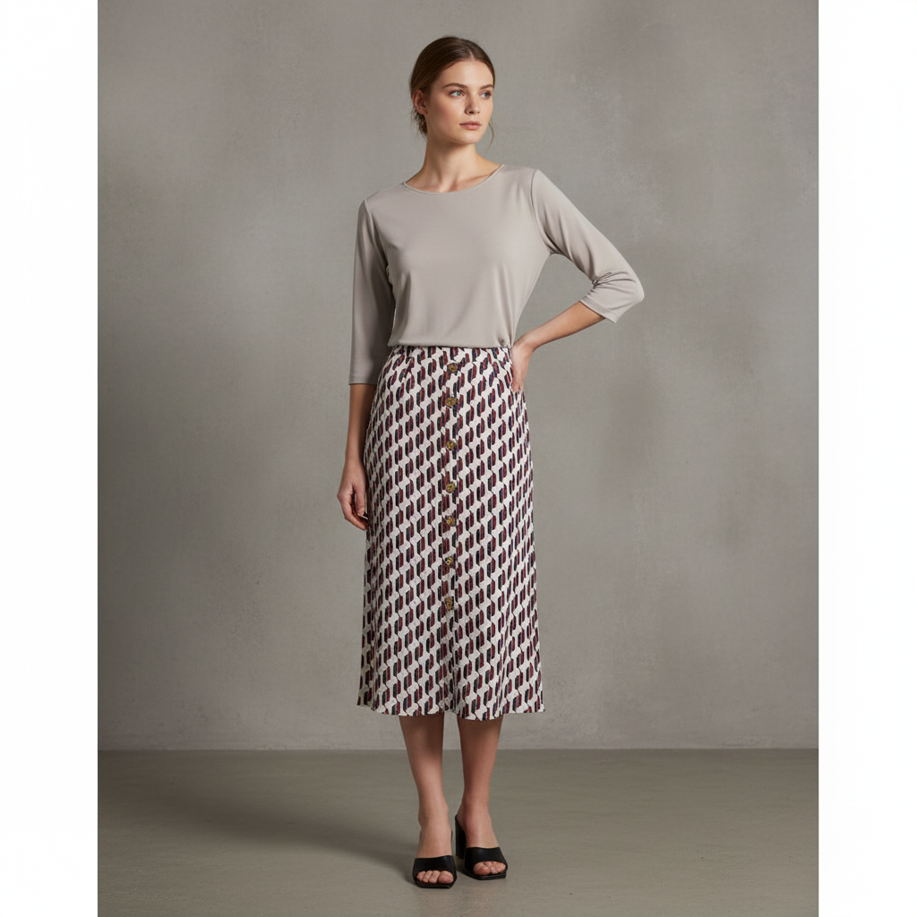 Women's Carla Front Button Down Midi Skirt - pictured with Light Grey Abardsion Long Sleeve Fitted Shell