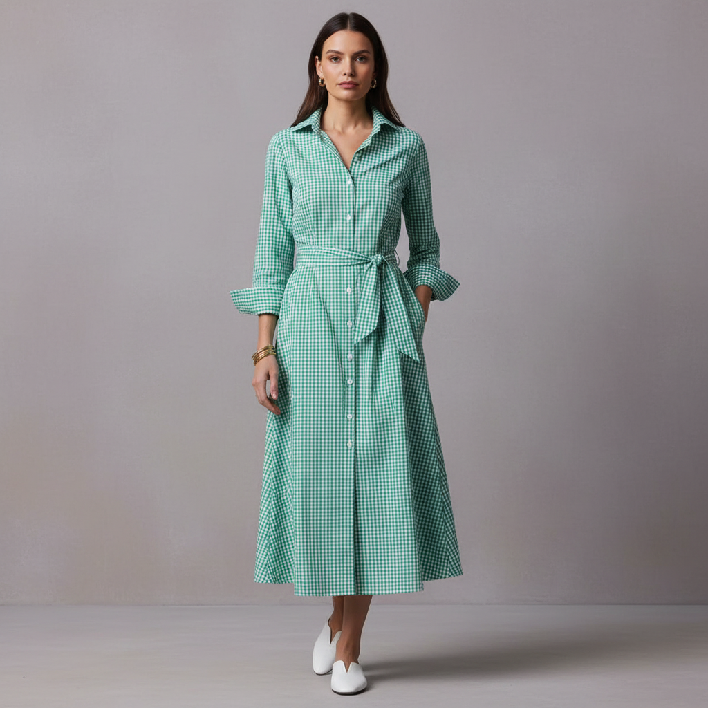 Green Womens Plaid Long Sleeve Dressy Casual Shirt Dress