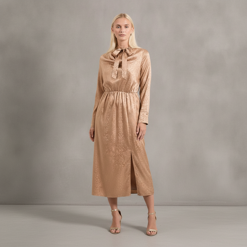 Cowl Tie Neck Satin Jacquard Midi Dress