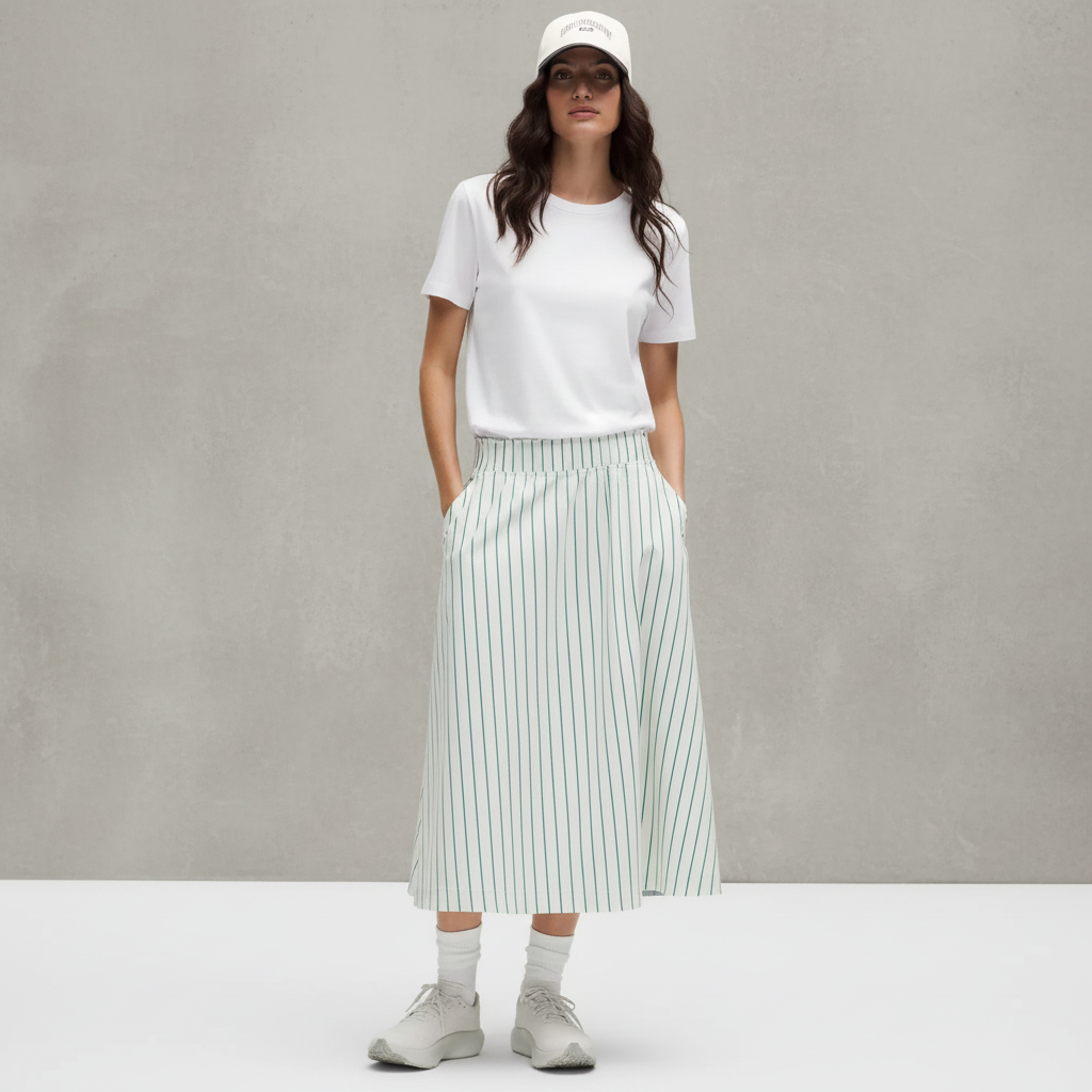 Stretch Woven Ruffle-Waist Midi Skirt