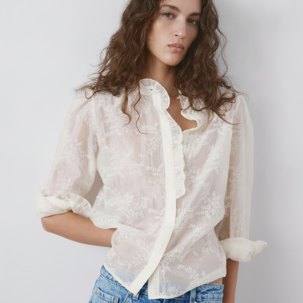 Lyocell blouse with floral embroidery