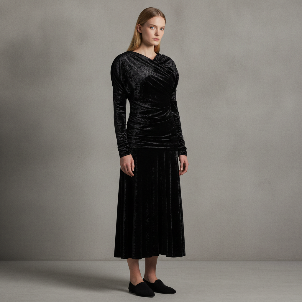 Ruched Velour Jersey A-Line Midi-Dress