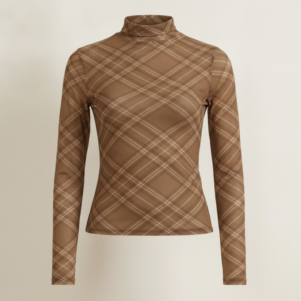 Mesh Plaid Printed Mock Neck Long Top