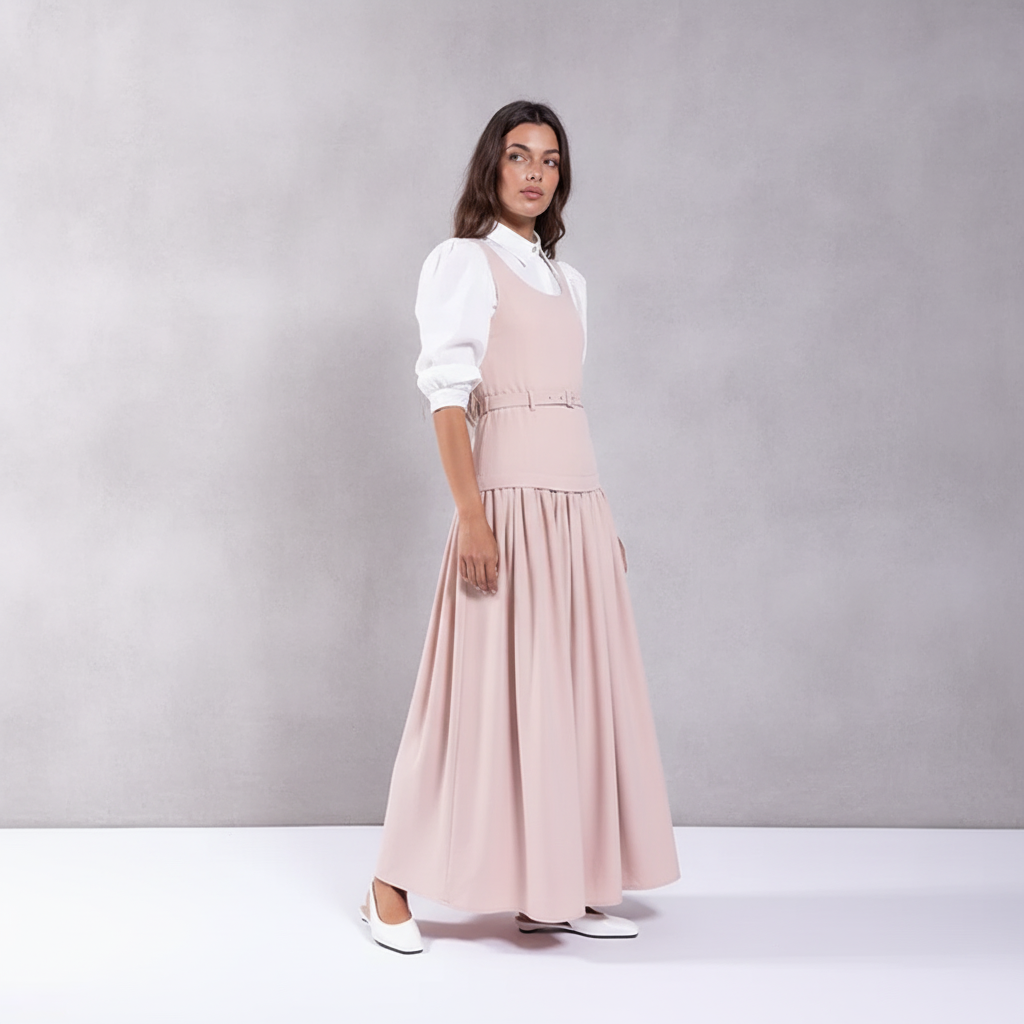 Belted Drop Waist Jumper - Soft Blush