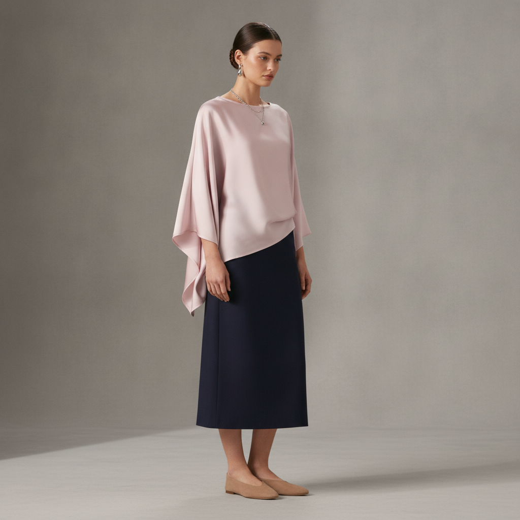 Satin Boat Neck Bell Sleeve Asymmetrical Blouse