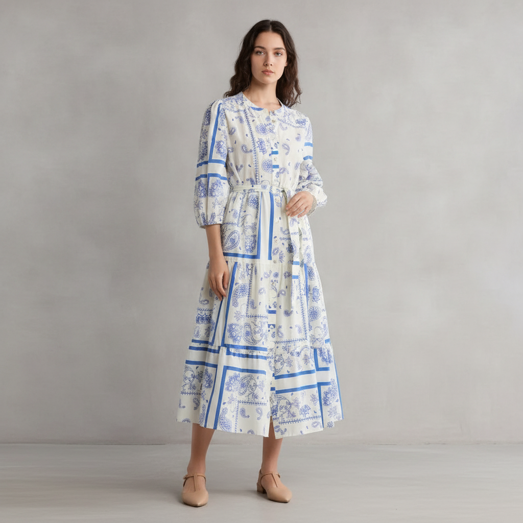 Bandana Print Belted Tiered Cotton Shirtdress Ellen Tracy