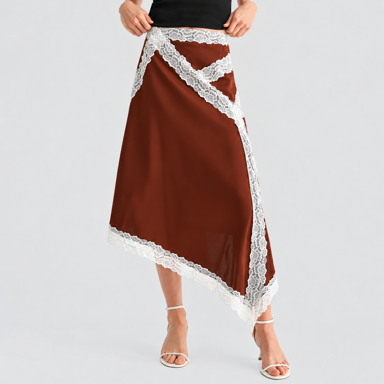 Lush Lace Trim Asymmetric Satin Midi Skirt — Brown Cream