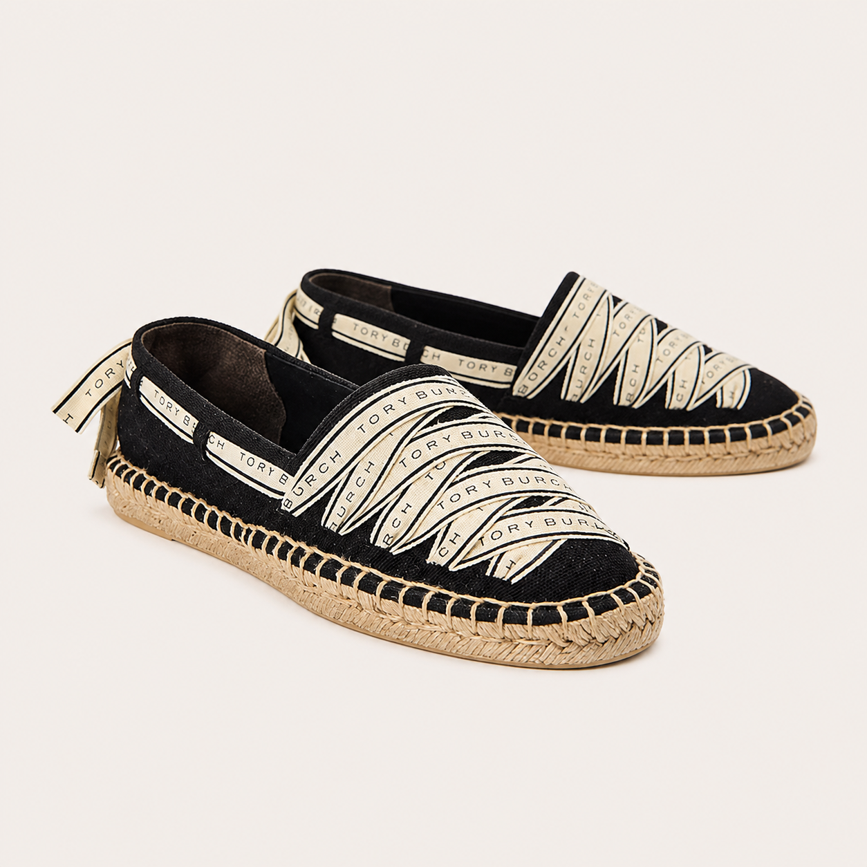Tory Ribbon Canvas Espadrille - Perfect Black/New Cream
