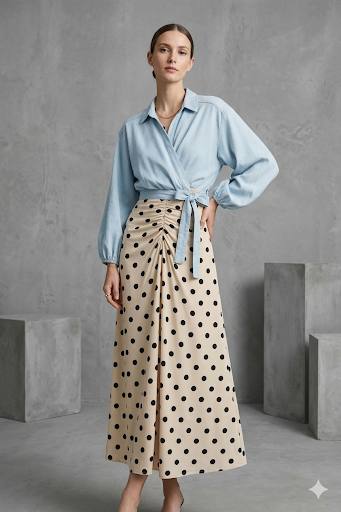Blue Shirt + Polka Dot Skirt Outfit