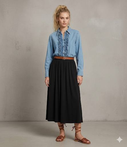 Denim Ruffle Shirt + Black Skirt Outfit