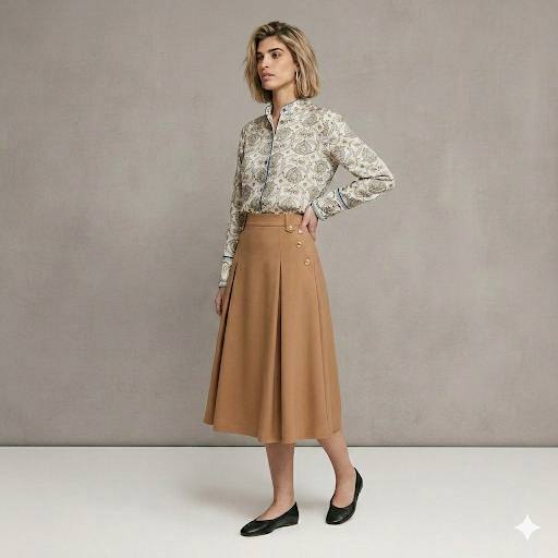 Paisley Shirt + Button Skirt Outfit