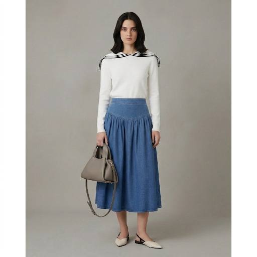 Sailor Sweater + Denim Skirt Outfit