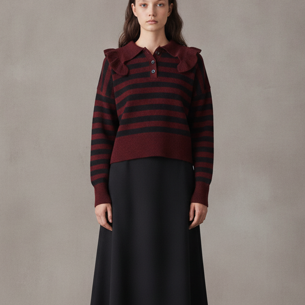 Henley knit sweater with Peter Pan collar in burgundy stripe