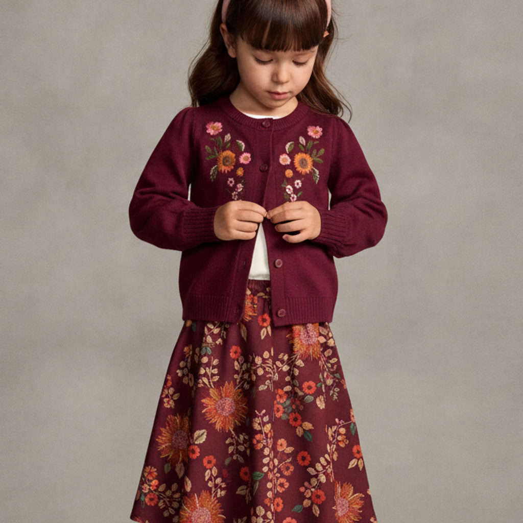Girls Embroidered Floral Cardigan — Burgundy