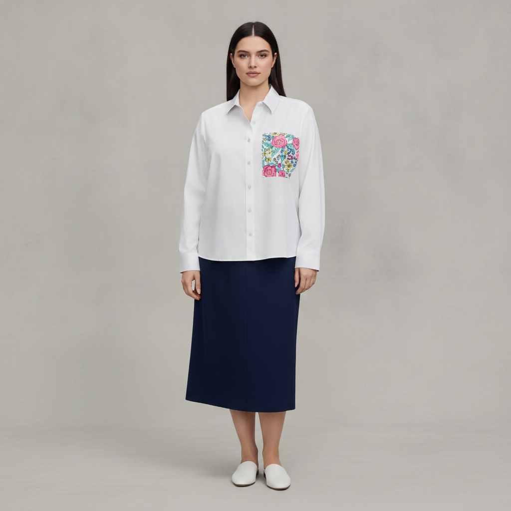 Foxcroft Plus Jodie Long Sleeve Matte Sateen Shirt - White Multi