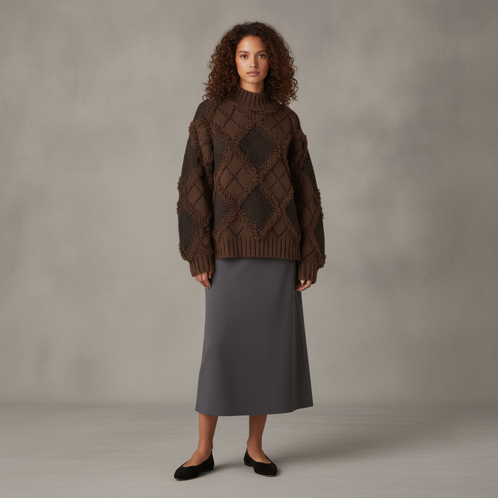 fringed plaid oversized sweater in chocolate