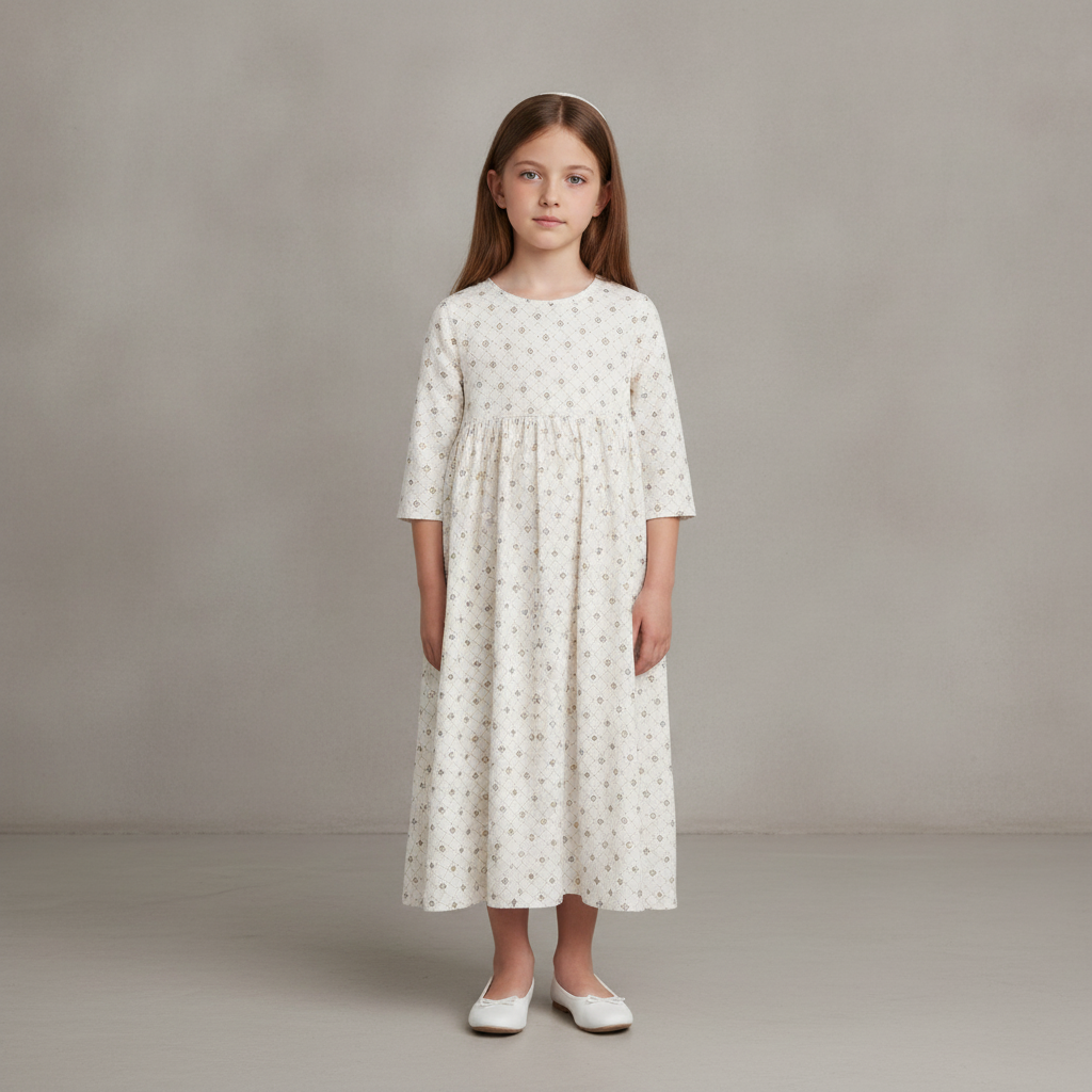 Girls 3/4-Sleeve Dress — Floral Grid Ivory