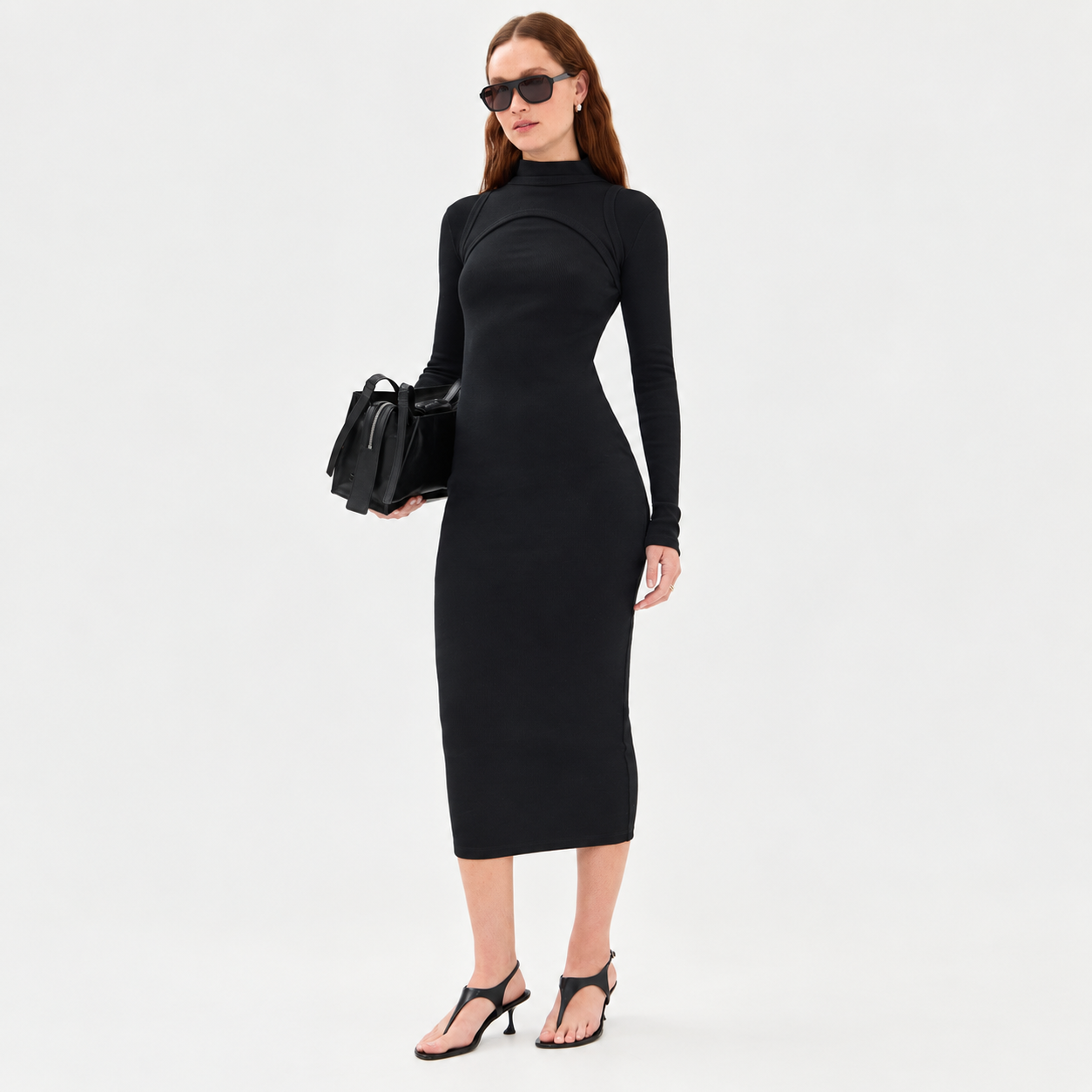 Off-White Off Stamp Rib Round Long Dress — Black/White