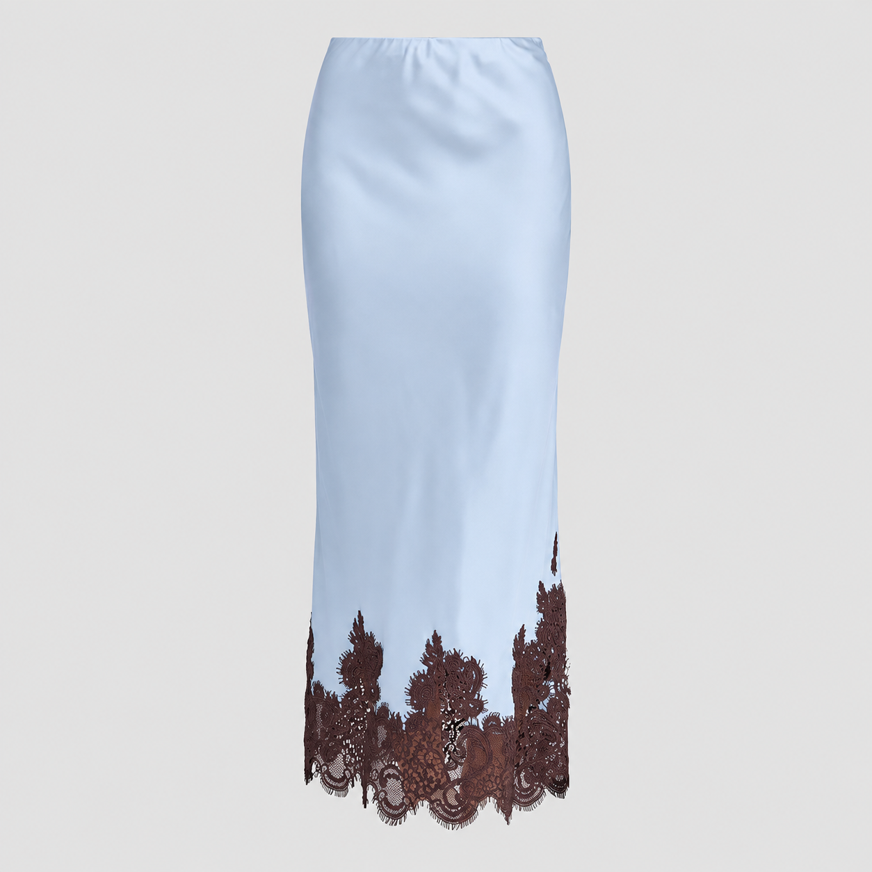 High-Waisted Crepe Satin Maxi Skirt with Lace Trim - Blue Fog
