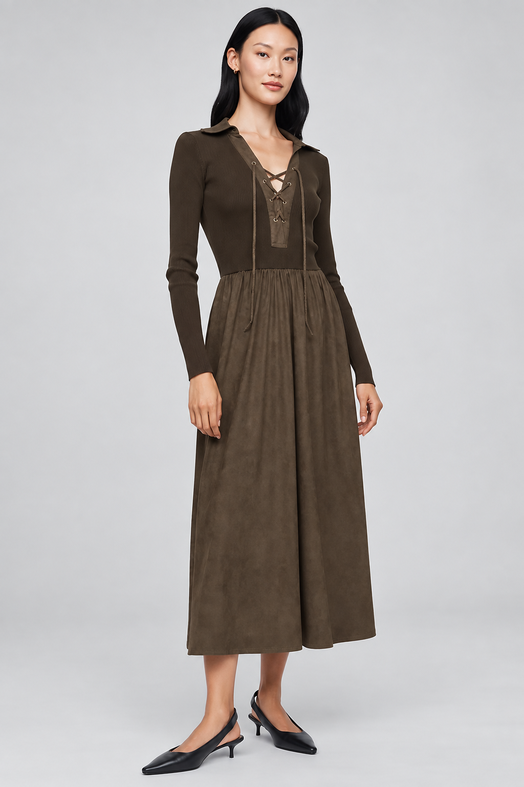 Moon River Twofer Lace Up Midi Dress - Olive