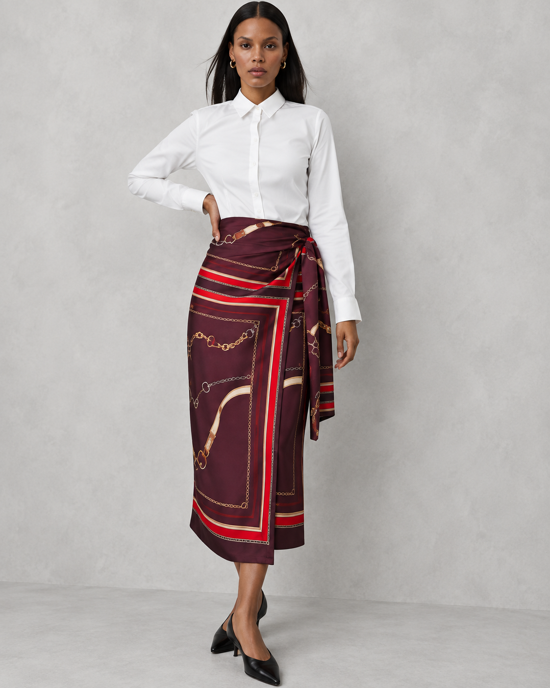 Horsebit Print Wrap Skirt in Satin